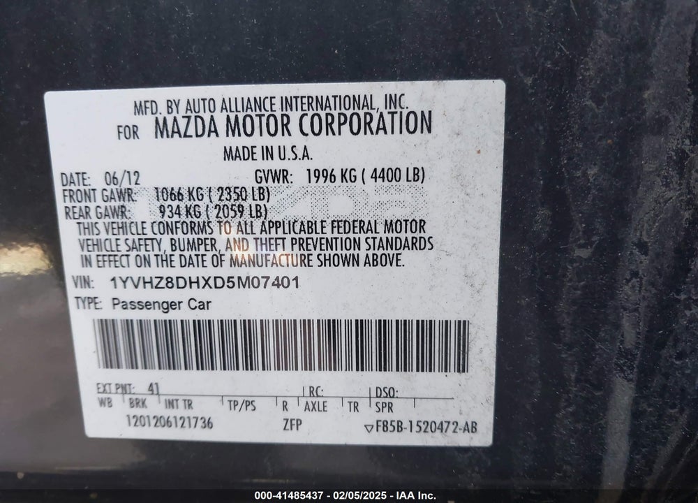 2013 MAZDA MAZDA6 VIN: 1YVHZ8DHXD5M07401