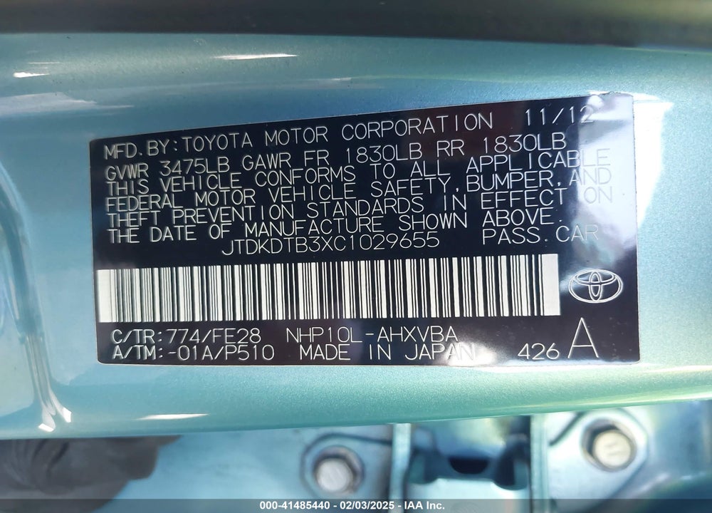 2012 TOYOTA PRIUS C VIN: JTDKDTB3XC1029655