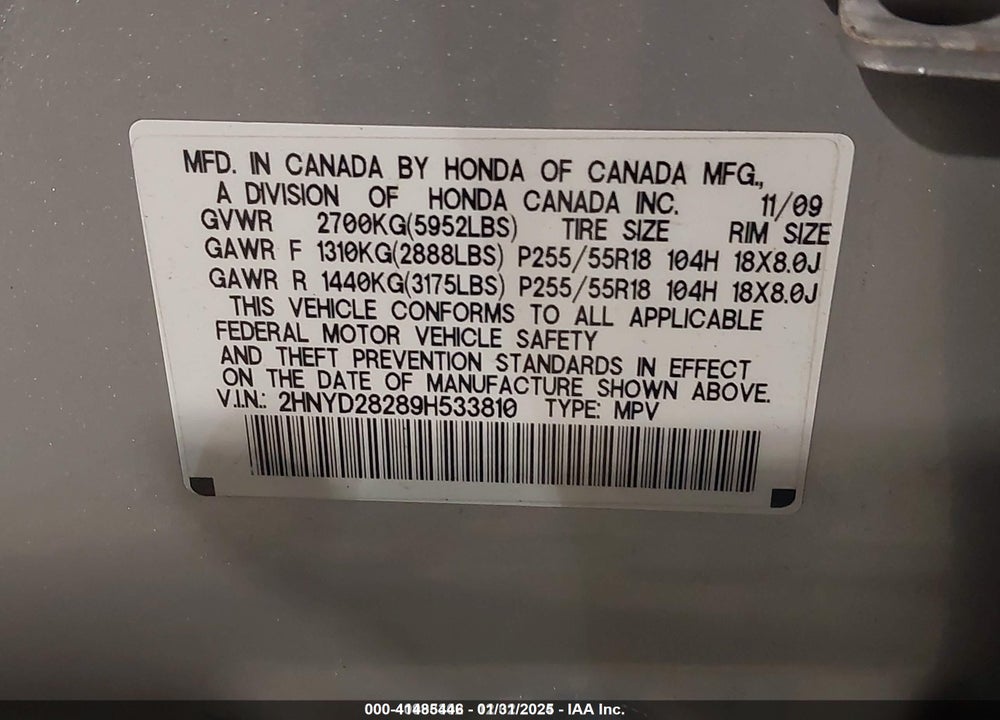 2009 ACURA MDX VIN: 2HNYD28289H533810