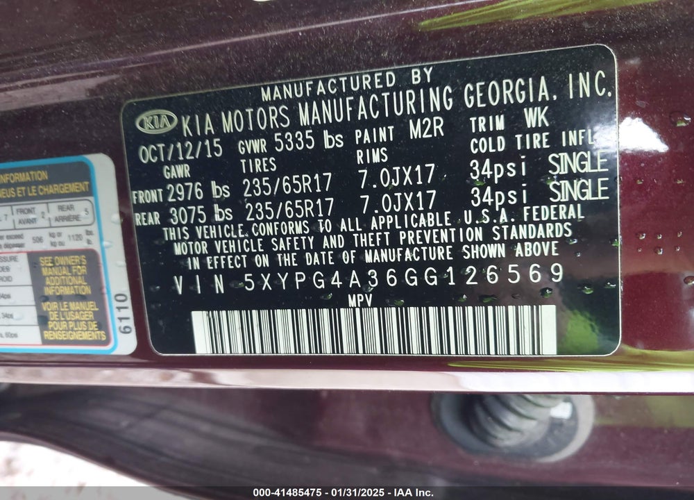 2016 KIA SORENTO 2.4L LX VIN: 5XYPG4A36GG126569