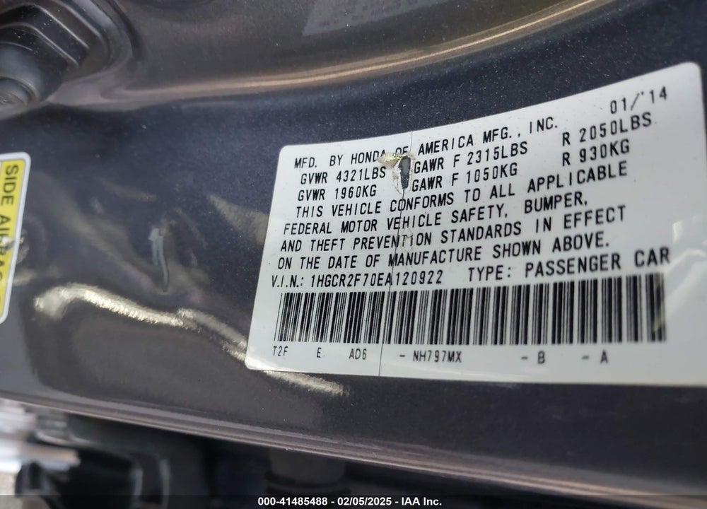 2014 HONDA ACCORD VIN: 1HGCR2F70EA120922