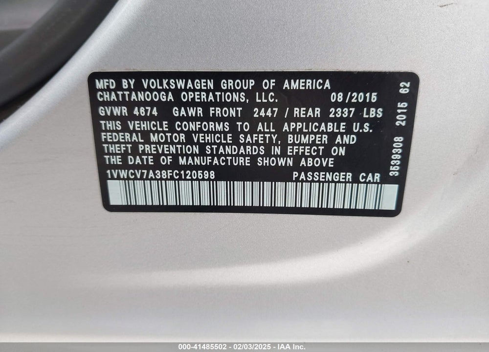 2015 VOLKSWAGEN PASSAT VIN: 1VWCV7A38FC120598