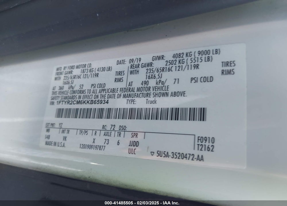 2019 FORD TRANSIT-250 VIN: 1FTYR2CM6KKB65934