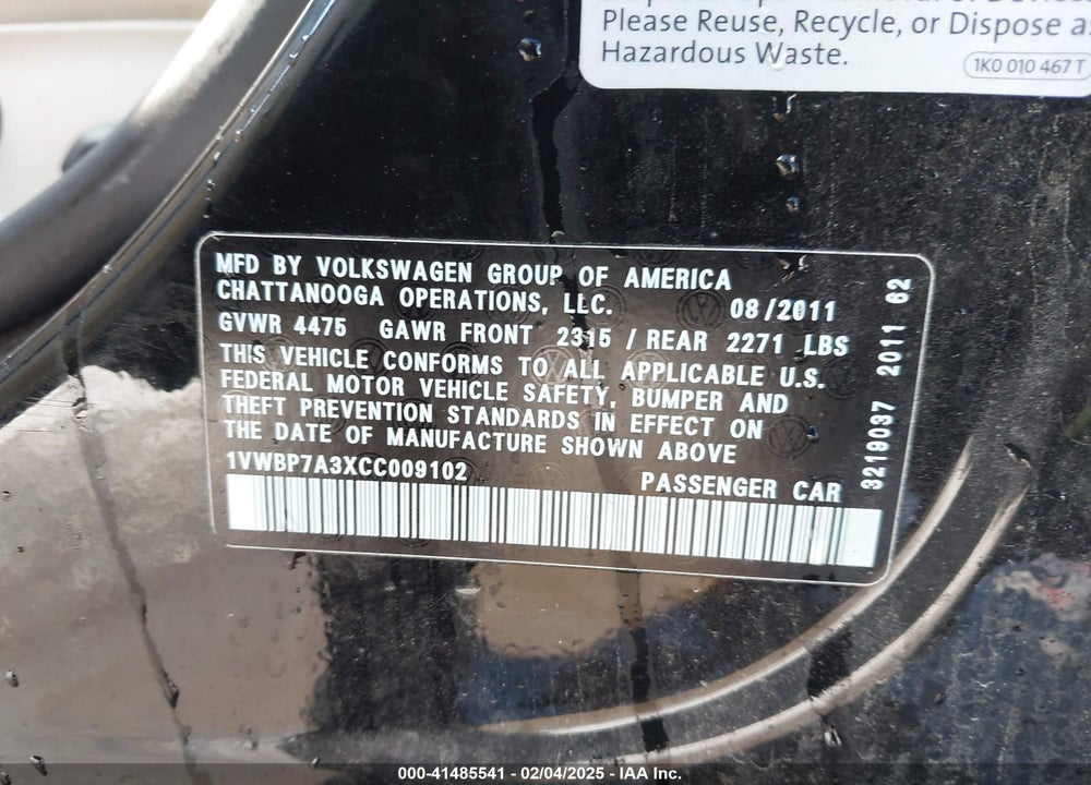 2012 VOLKSWAGEN PASSAT 2.5L SE VIN: 1VWBP7A3XCC009102