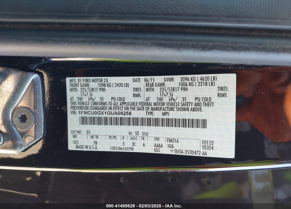 2016 FORD ESCAPE VIN: 1FMCU0GX1GUA09258
