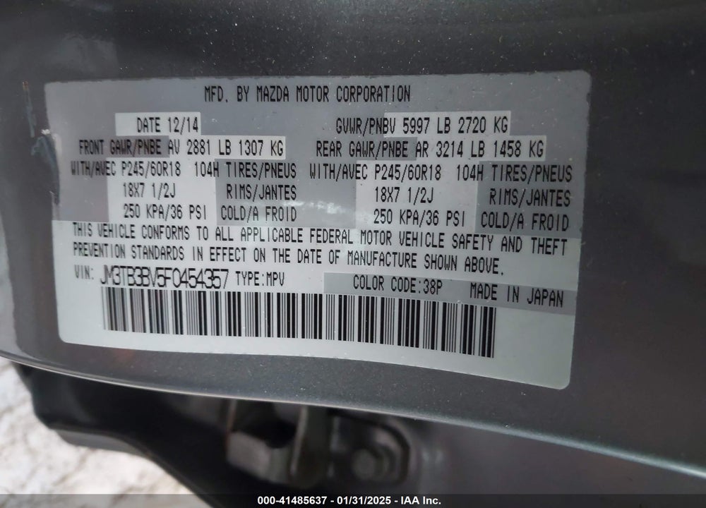 2015 MAZDA CX-9 SPORT VIN: JM3TB3BV5F0454357