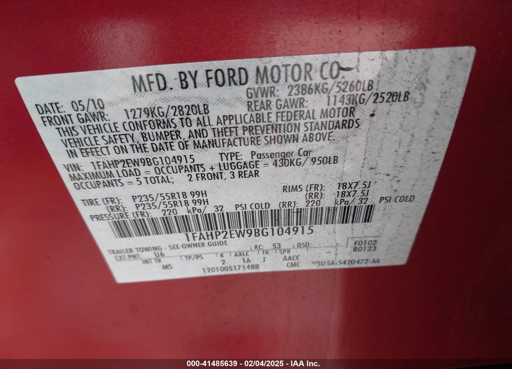 2011 FORD TAURUS VIN: 1FAHP2EW9BG104915
