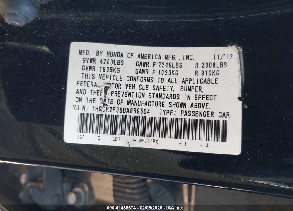 2013 HONDA ACCORD VIN: 1HGCR2F36DA069504