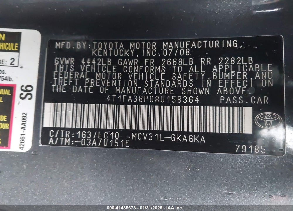 2008 TOYOTA CAMRY SOLARA VIN: 4T1FA38P08U158364