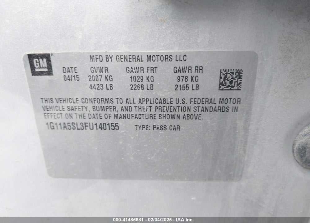 2015 CHEVROLET MALIBU VIN: 1G11A5SL3FU140155
