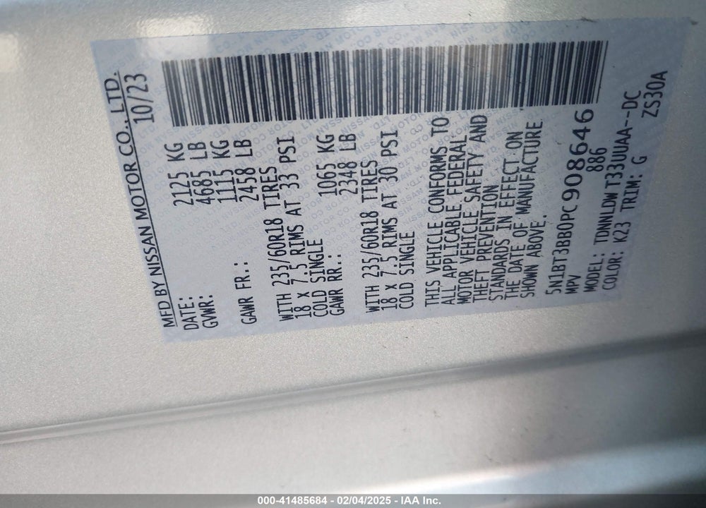 2023 NISSAN ROGUE SV INTELLIGENT AWD VIN: 5N1BT3BB0PC908646