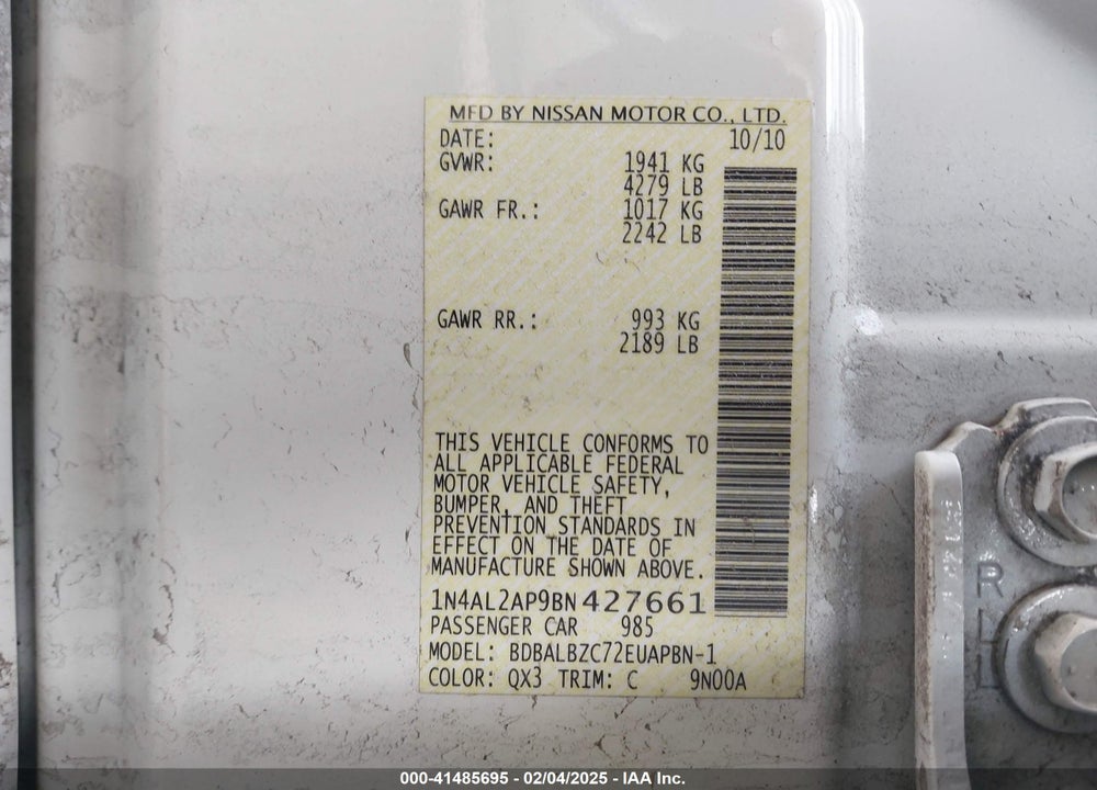 2011 NISSAN ALTIMA 2.5 S VIN: 1N4AL2AP9BN427661