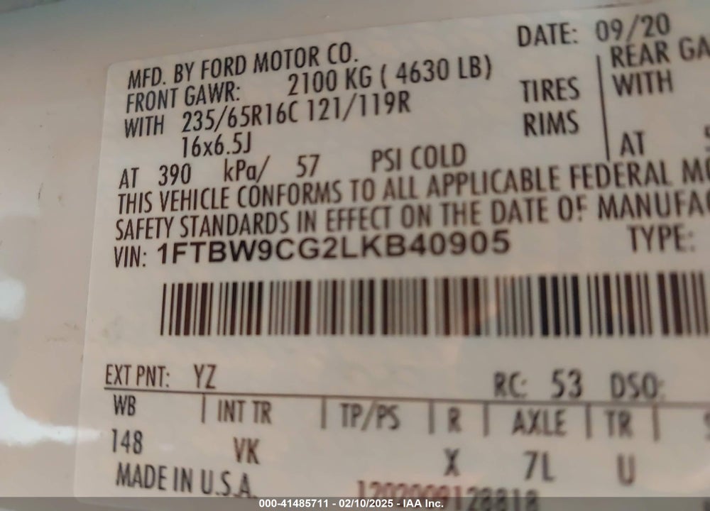 2020 FORD TRANSIT-350 VIN: 1FTBW9CG2LKB40905