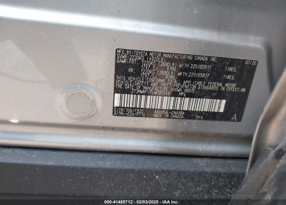 2020 TOYOTA RAV4 HYBRID VIN: 2T3MWRFV7LW095549