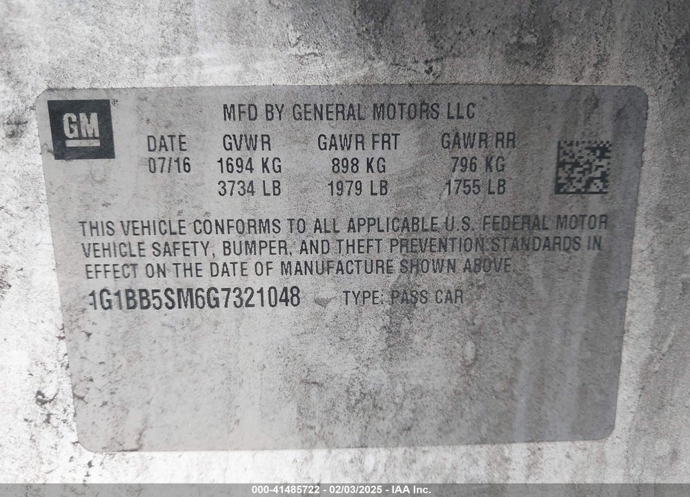2016 CHEVROLET CRUZE LS MANUAL VIN: 1G1BB5SM6G7321048
