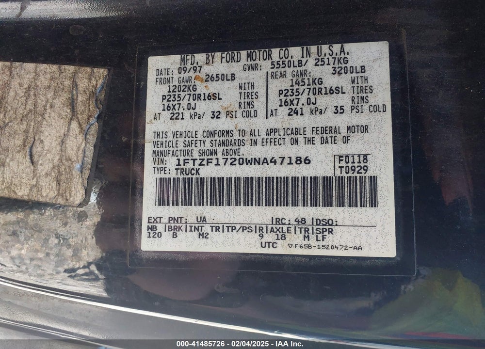 1998 FORD F-150 STANDARD/XL/XLT VIN: 1FTZF1720WNA47186