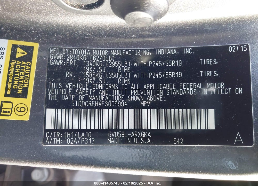 2015 TOYOTA HIGHLANDER HYBRID LIMITED VIN: 5TDDCRFH4FS009994