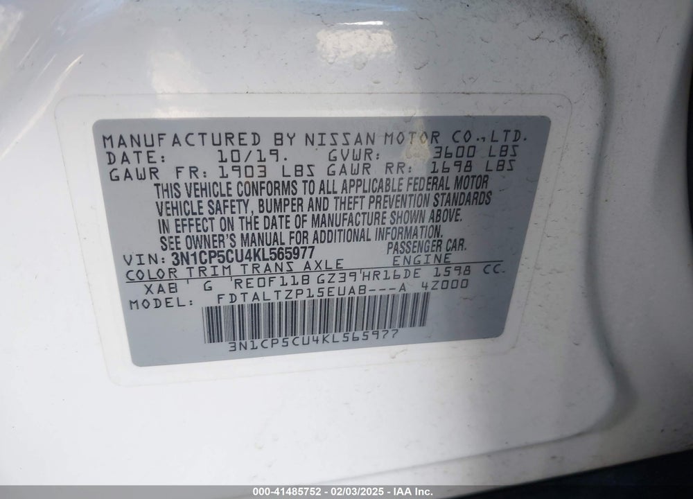 2019 NISSAN KICKS VIN: 3N1CP5CU4KL565977