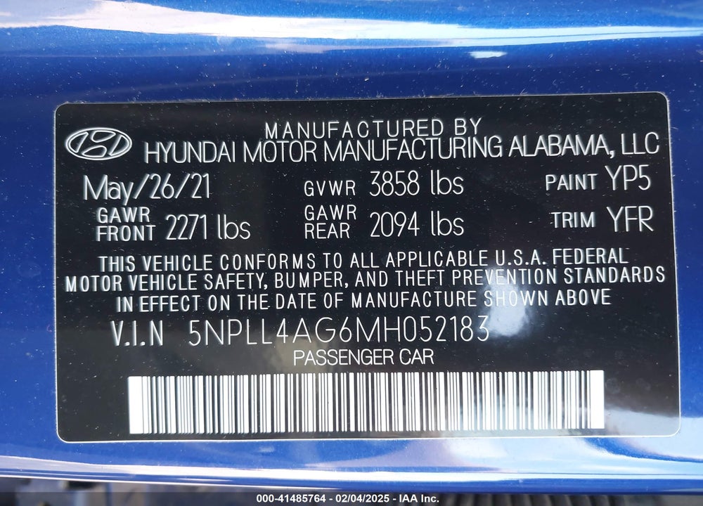 2021 HYUNDAI ELANTRA VIN: 5NPLL4AG6MH052183