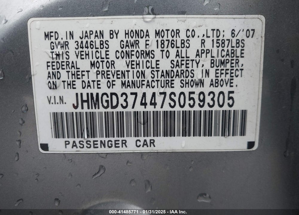2007 HONDA FIT VIN: JHMGD37447S059305