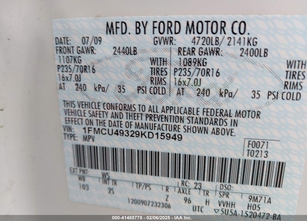 2009 FORD ESCAPE HYBRID LIMITED VIN: 1FMCU49329KD15949