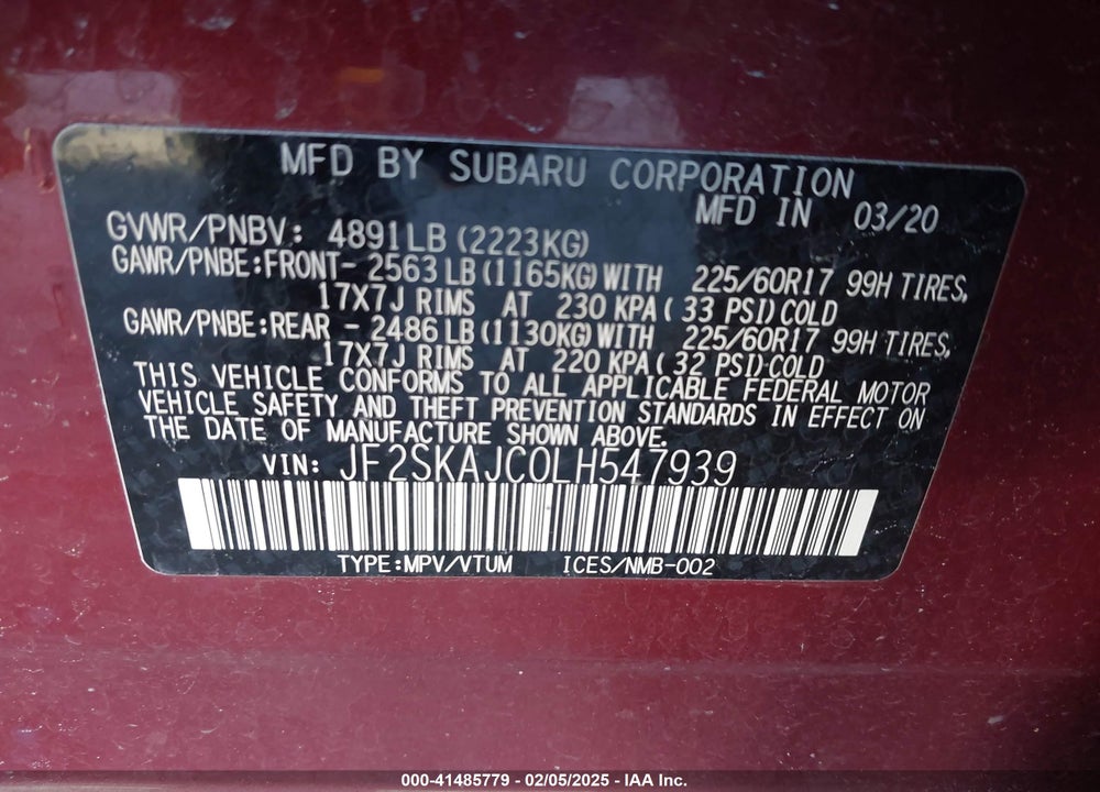 2020 SUBARU FORESTER VIN: JF2SKAJC0LH547939