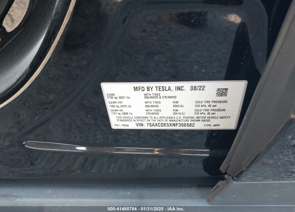 2022 TESLA MODEL X VIN: 7SAXCDE5XNF356582