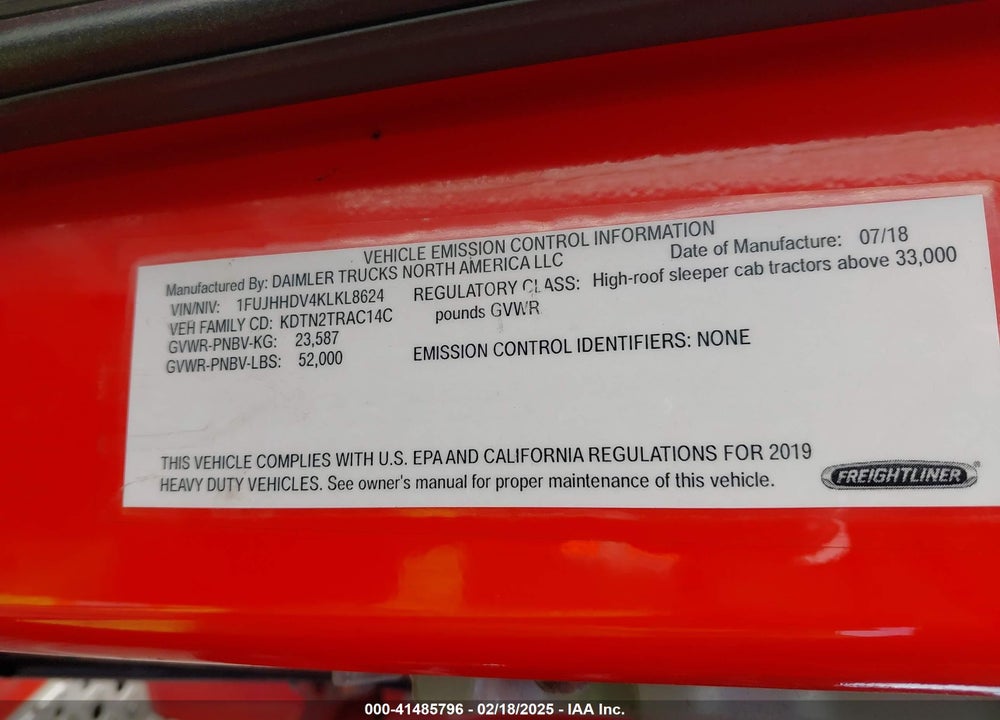 2019 FREIGHTLINER NEW CASCADIA 126 VIN: 1FUJHHDV4KLKL8624