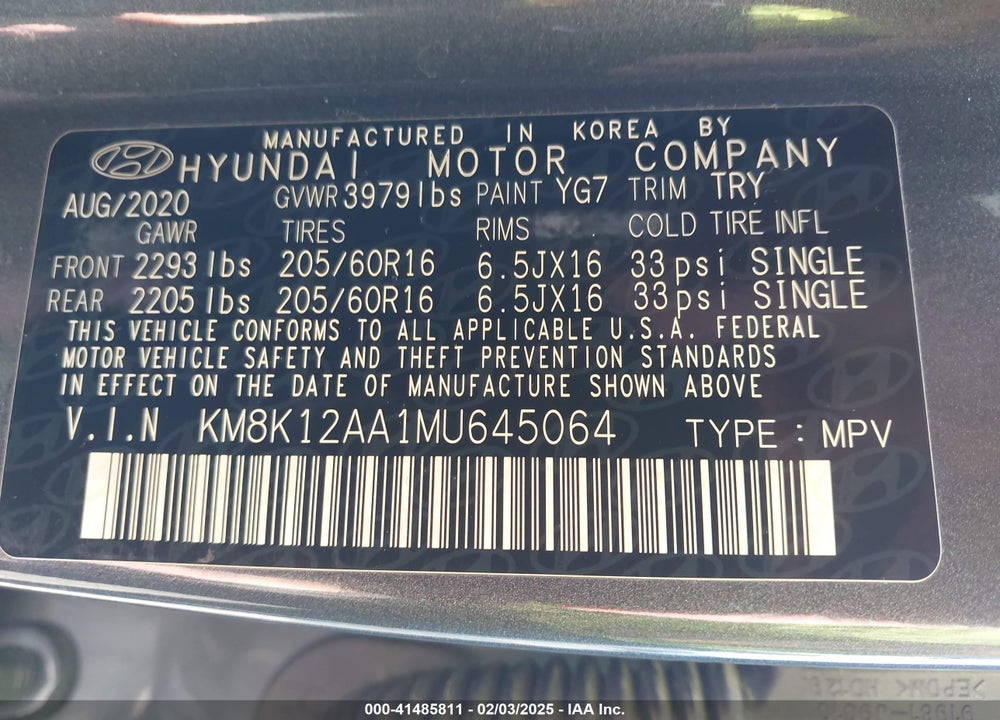 2021 HYUNDAI KONA VIN: KM8K12AA1MU645064