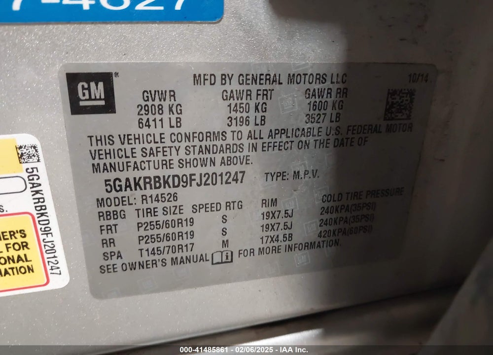2015 BUICK ENCLAVE LEATHER VIN: 5GAKRBKD9FJ201247