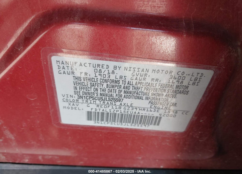2018 NISSAN KICKS VIN: 3N1CP5CU5JL525597