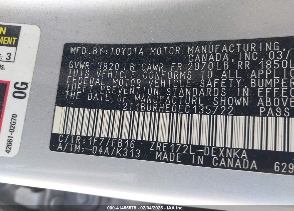 2014 TOYOTA COROLLA VIN: 2T1BURHE0EC135722
