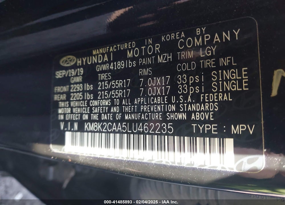 2020 HYUNDAI KONA SEL VIN: KM8K2CAA5LU462235