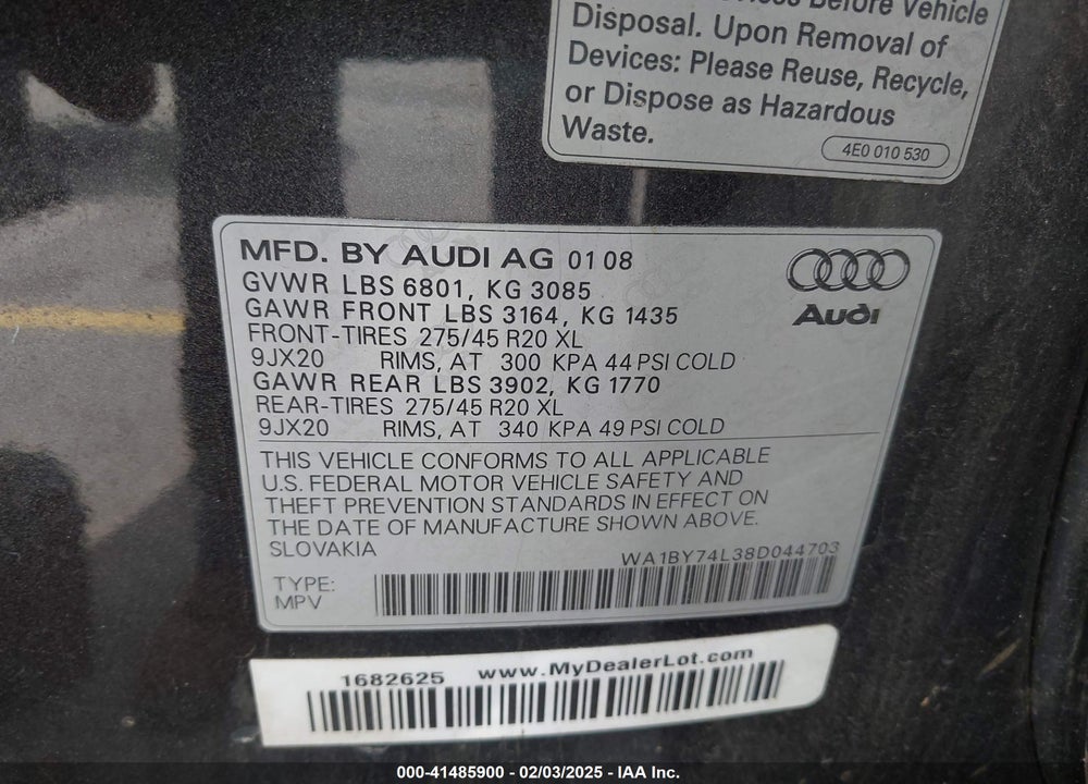 2008 AUDI Q7 VIN: WA1BY74L38D044703