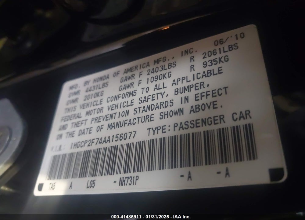 2010 HONDA ACCORD 2.4 EX VIN: 1HGCP2F74AA156077