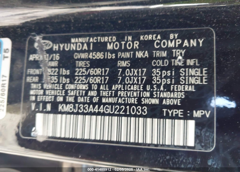 2016 HYUNDAI TUCSON SE VIN: KM8J33A44GU221033