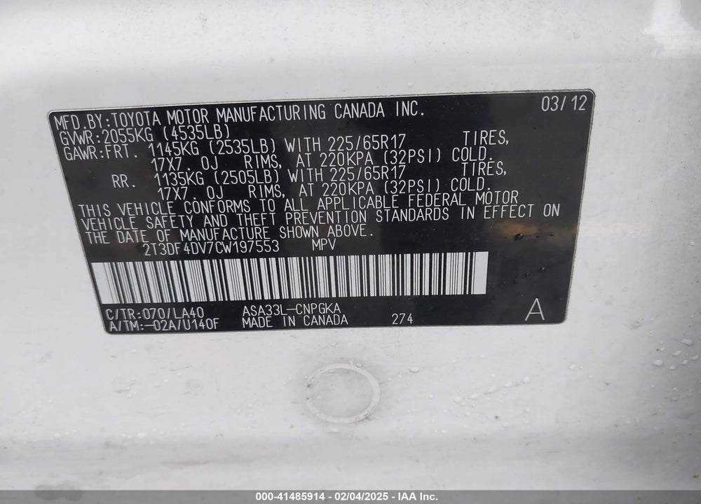 2012 TOYOTA RAV4 LIMITED VIN: 2T3DF4DV7CW197553