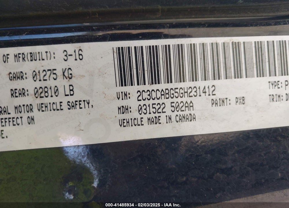 2016 CHRYSLER 300 VIN: 2C3CCABG5GH231412