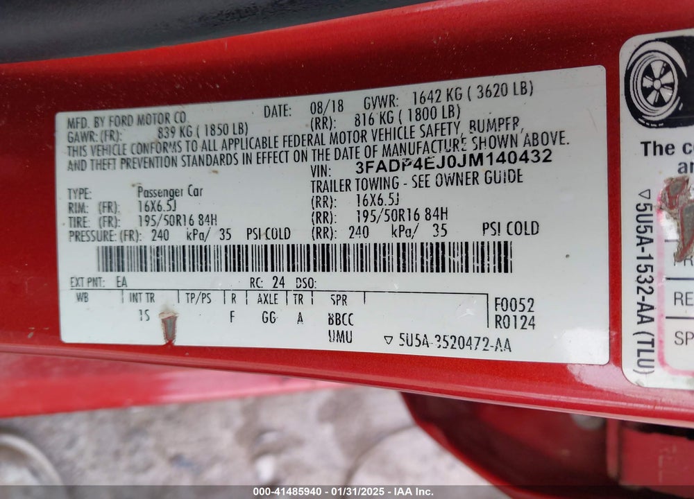 2018 FORD FIESTA VIN: 3FADP4EJ0JM140432