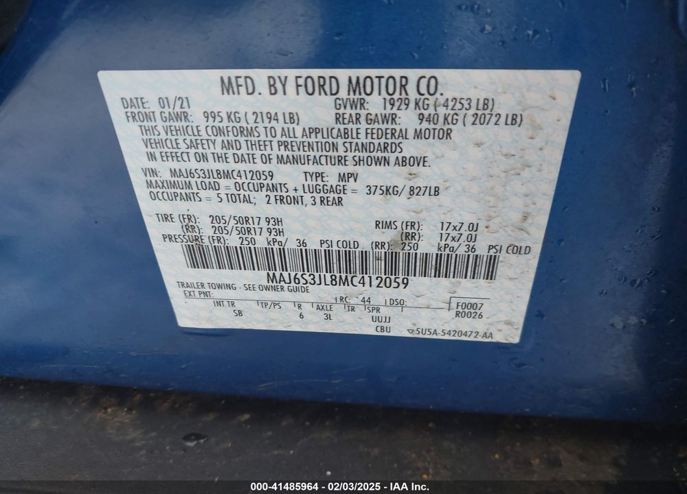 2021 FORD ECOSPORT SES VIN: MAJ6S3JL8MC412059