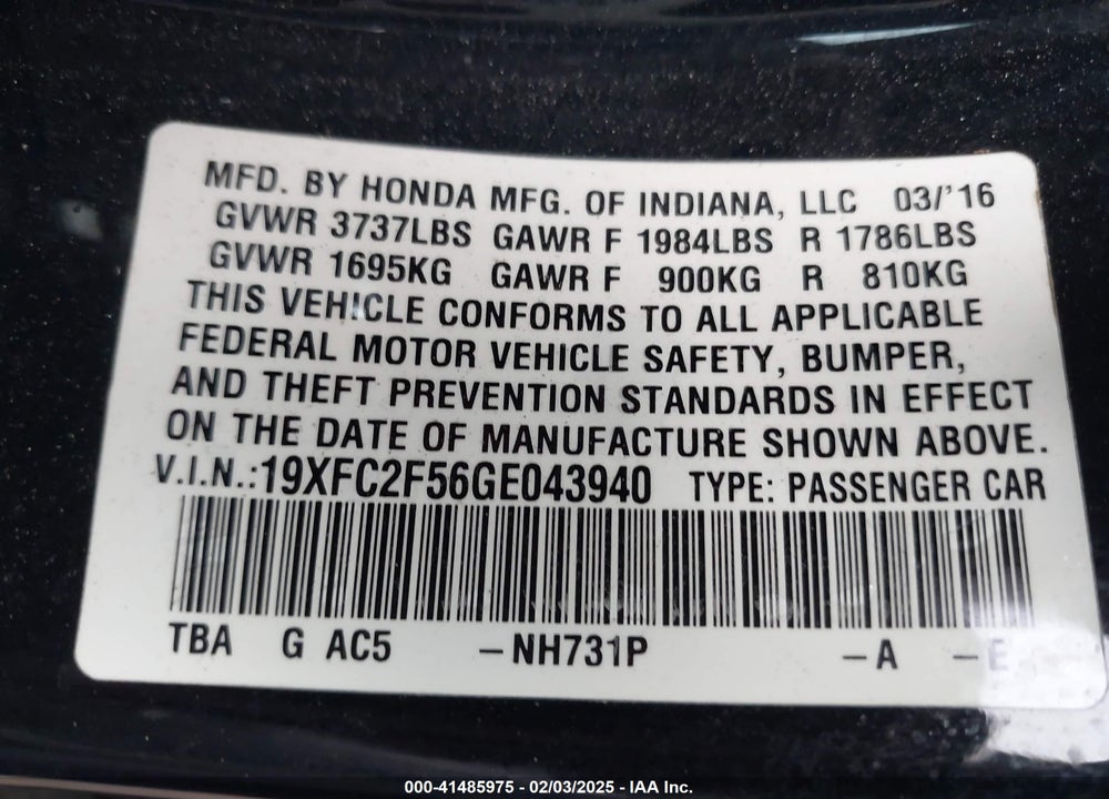 2016 HONDA CIVIC VIN: 19XFC2F56GE043940