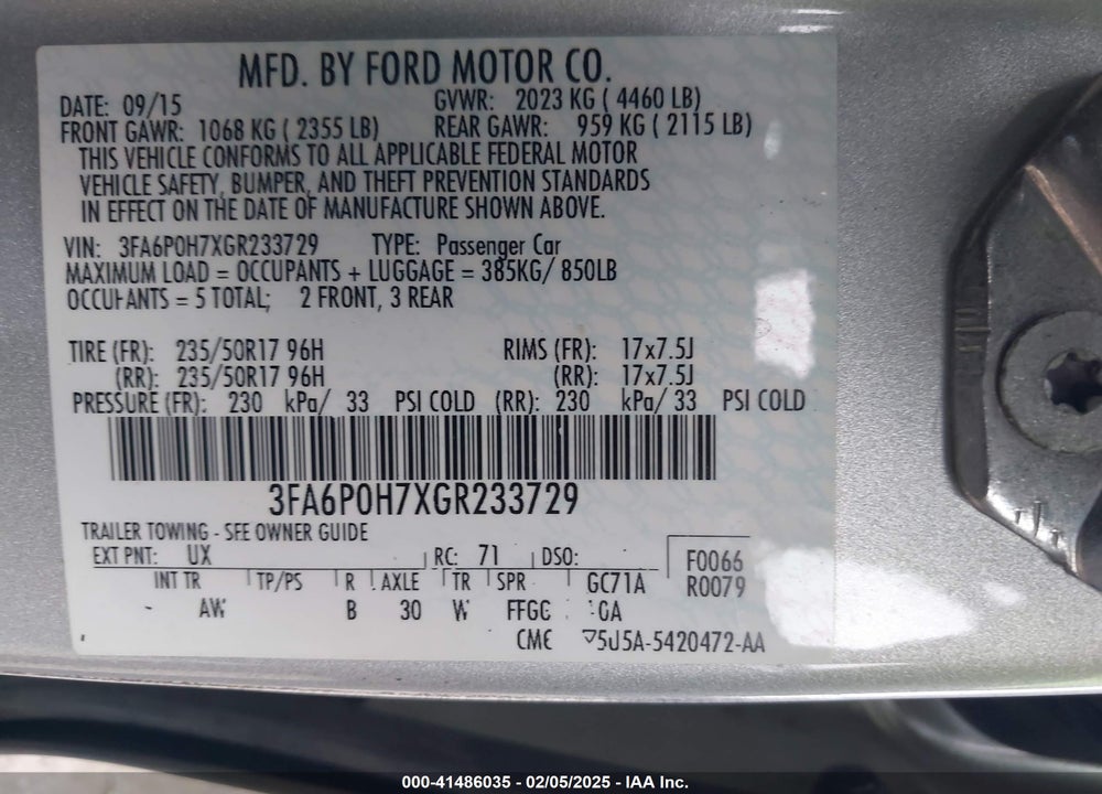 2016 FORD FUSION VIN: 3FA6P0H7XGR233729