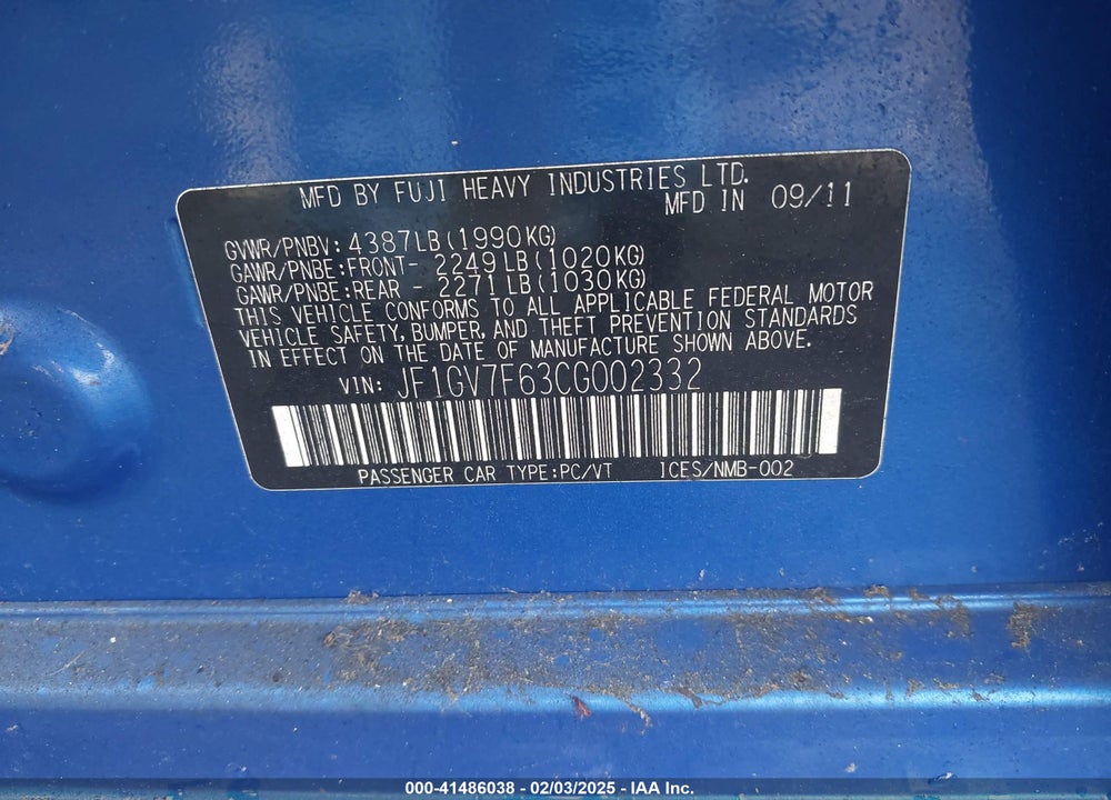 2012 SUBARU IMPREZA VIN: JF1GV7F63CG002332