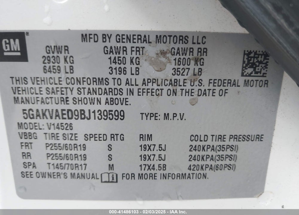 2011 BUICK ENCLAVE CX VIN: 5GAKVAED9BJ139599