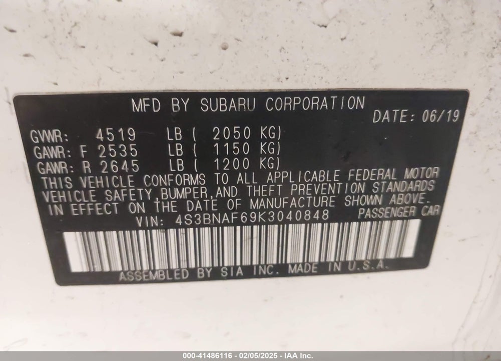 2019 SUBARU LEGACY VIN: 4S3BNAF69K3040848