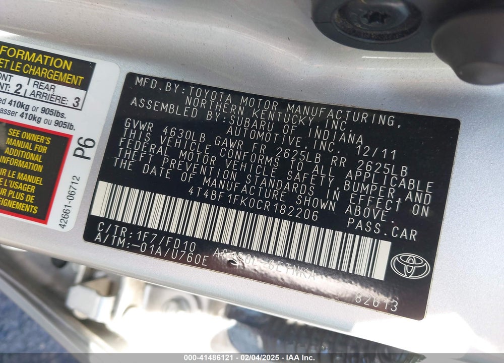 2012 TOYOTA CAMRY LE VIN: 4T4BF1FK0CR182206