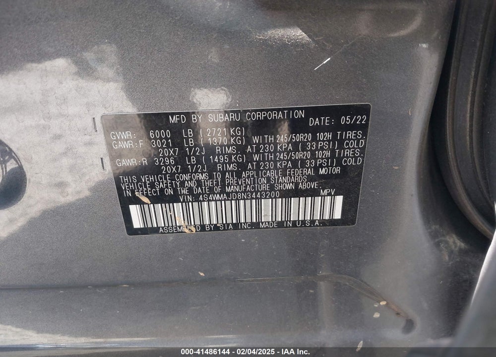 2022 SUBARU ASCENT VIN: 4S4WMAJD8N3443200