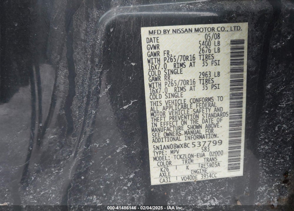 2008 NISSAN XTERRA X VIN: 5N1AN08WX8C537799
