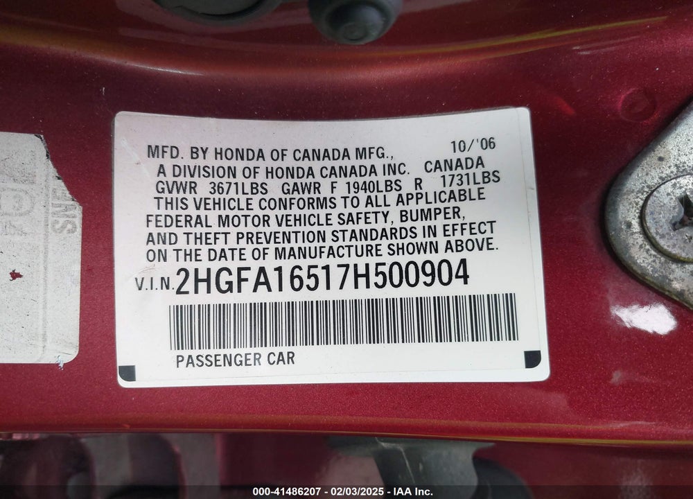 2007 HONDA CIVIC LX VIN: 2HGFA16517H500904