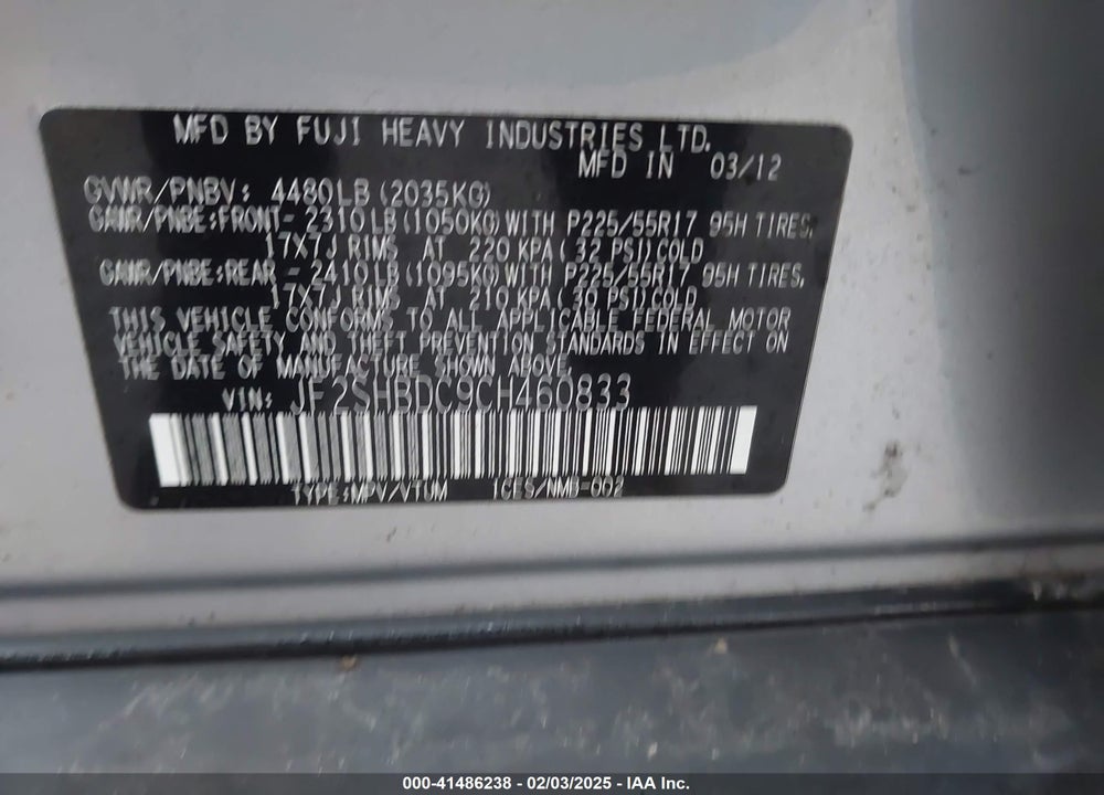 2012 SUBARU FORESTER 2.5X PREMIUM VIN: JF2SHBDC9CH460833
